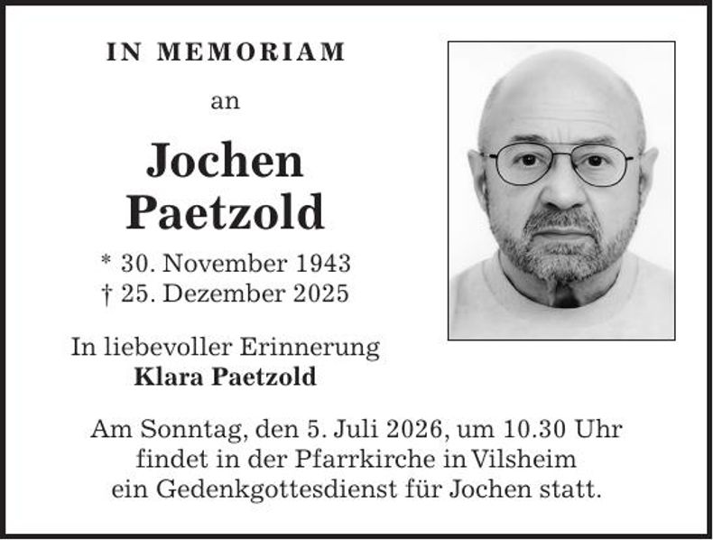 Traueranzeige Jochen Paetzold