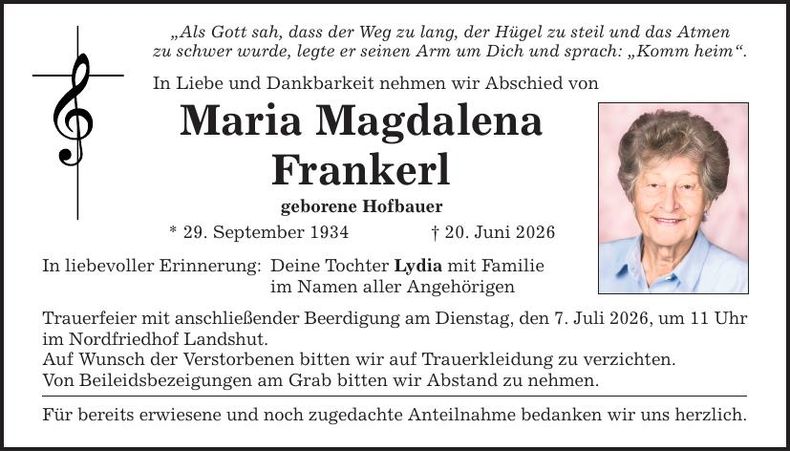 Traueranzeige Maria Magdalena Frankerl