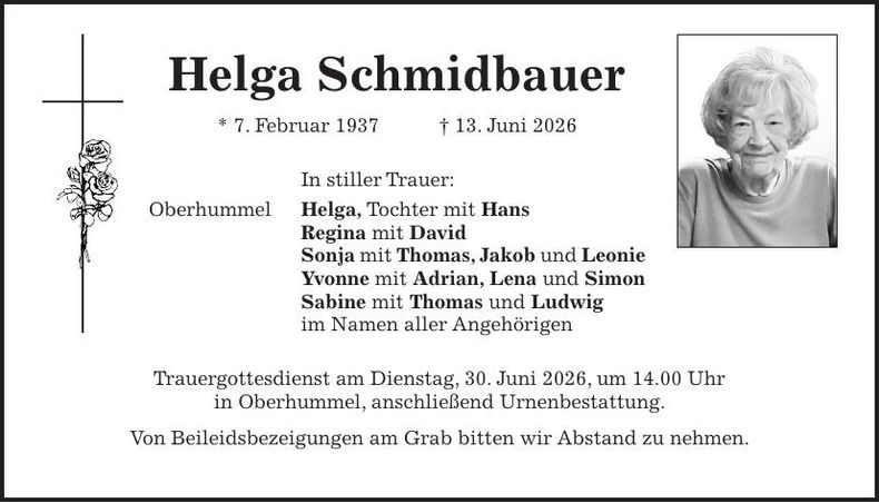 Traueranzeige Helga Schmidbauer