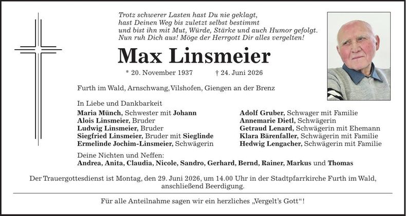 Traueranzeige Max Linsmeier