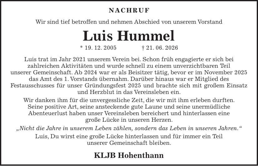 Traueranzeige Luis Hummel