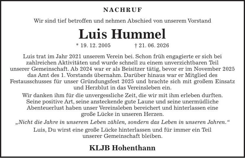 Traueranzeige Luis Hummel