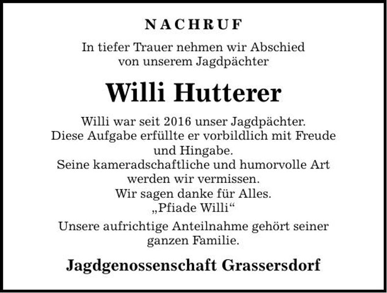 Traueranzeige Willi Hutterer