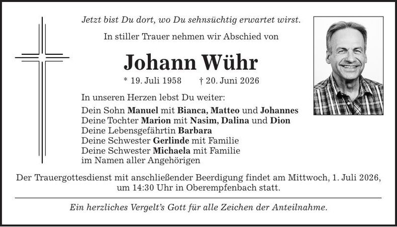 Traueranzeige Johann Wühr
