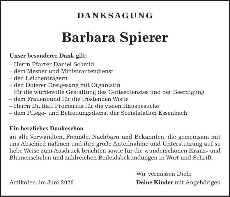 Traueranzeige Barbara Spierer
