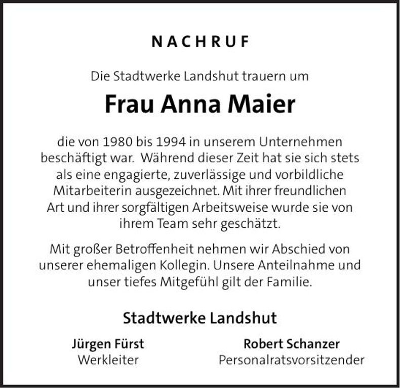 Traueranzeige Anna Maier
