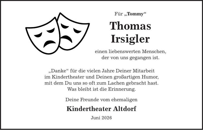 Traueranzeige Thomas Irsigler