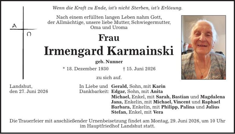 Traueranzeige Irmengard Karmainski