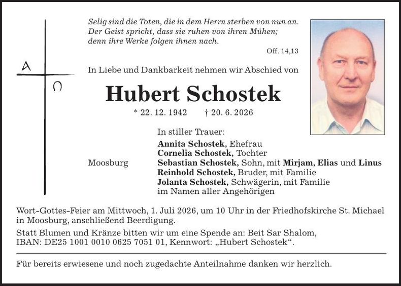Traueranzeige Hubert Schostek
