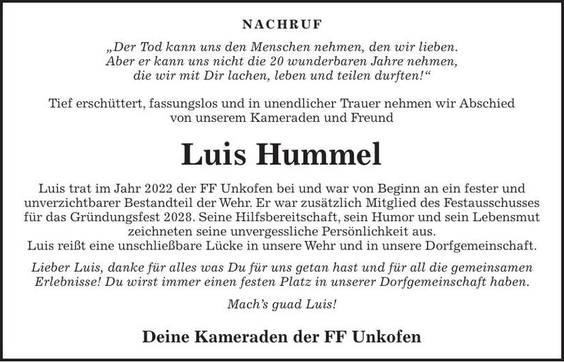 Traueranzeige Luis Hummel