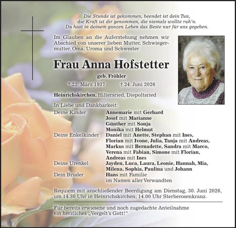 Traueranzeige Anna Hofstetter