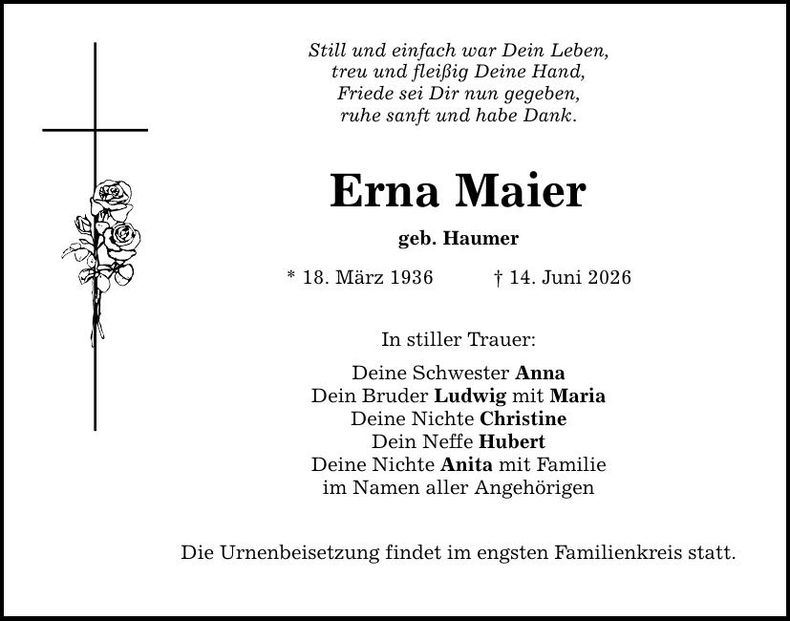 Traueranzeige Erna Maier