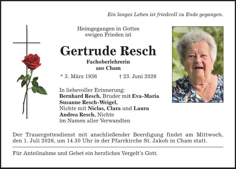Traueranzeige Gertrude Resch