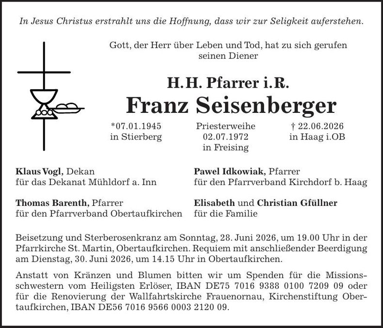 Traueranzeige Franz Seisenberger