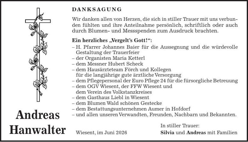 Traueranzeige Andreas Hanwalter