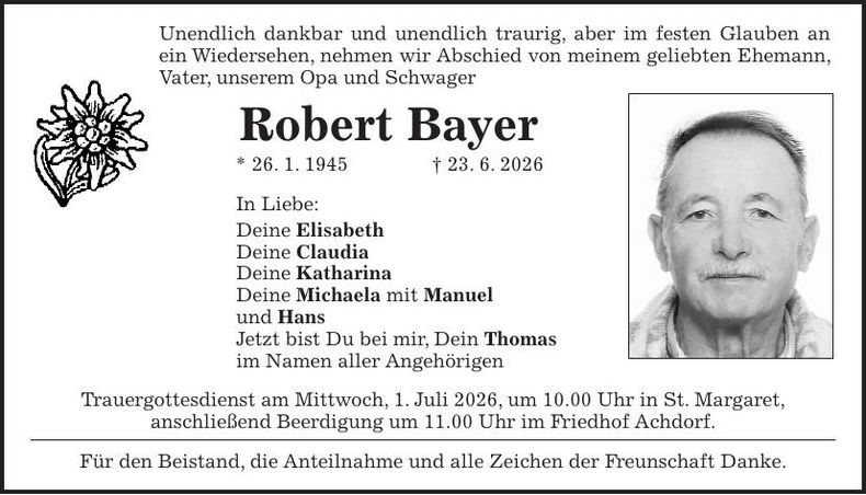 Traueranzeige Robert Bayer