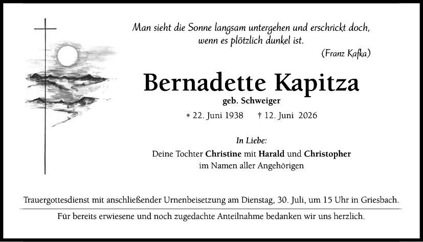 Traueranzeige Bernadette Kapitza