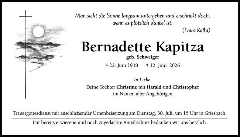 Traueranzeige Bernadette Kapitza