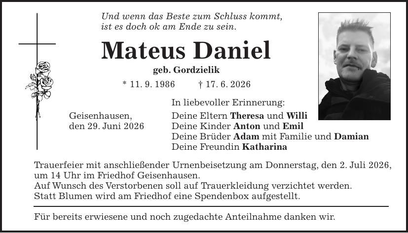 Traueranzeige Mateus Daniel