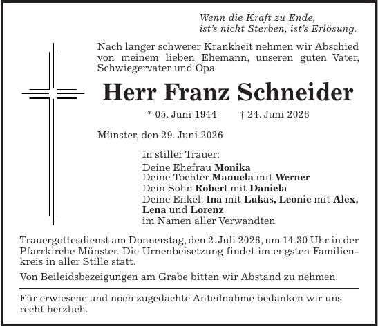 Traueranzeige Franz Schneider