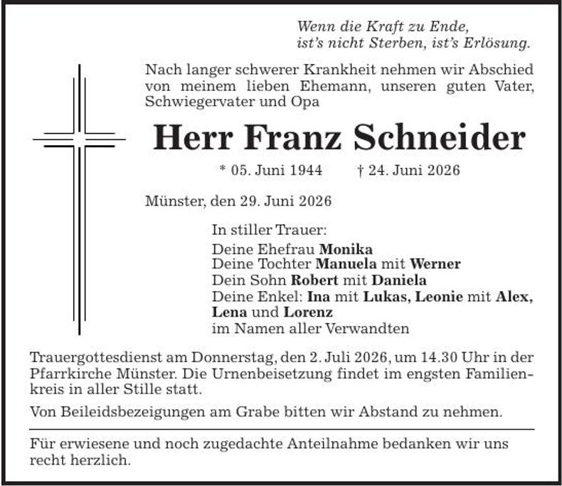 Traueranzeige Franz Schneider