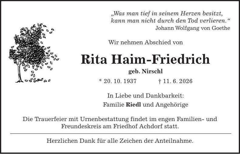 Traueranzeige Rita Haim-Friedrich