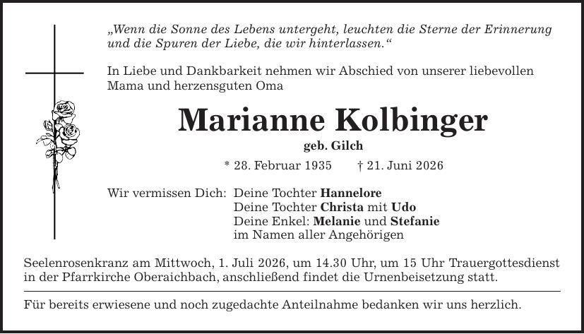 Traueranzeige Marianne Kolbinger