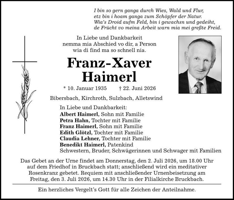 Traueranzeige Franz-Xaver Haimerl