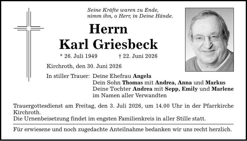 Traueranzeige Karl Griesbeck