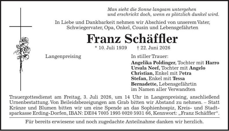 Traueranzeige Franz Schäffler
