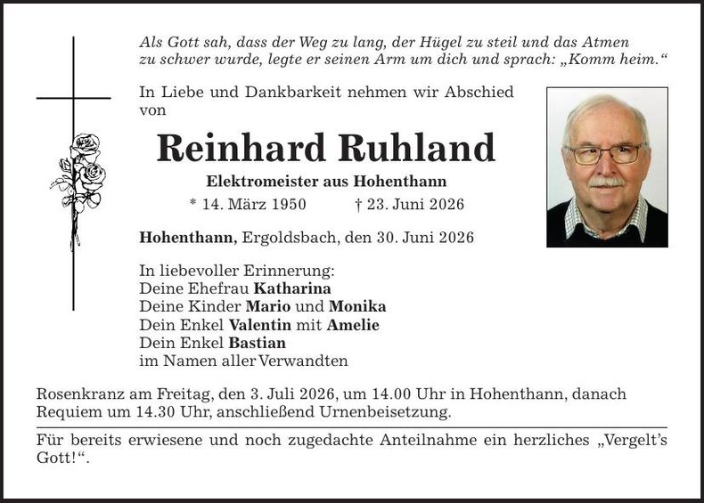 Traueranzeige Reinhard Ruhland