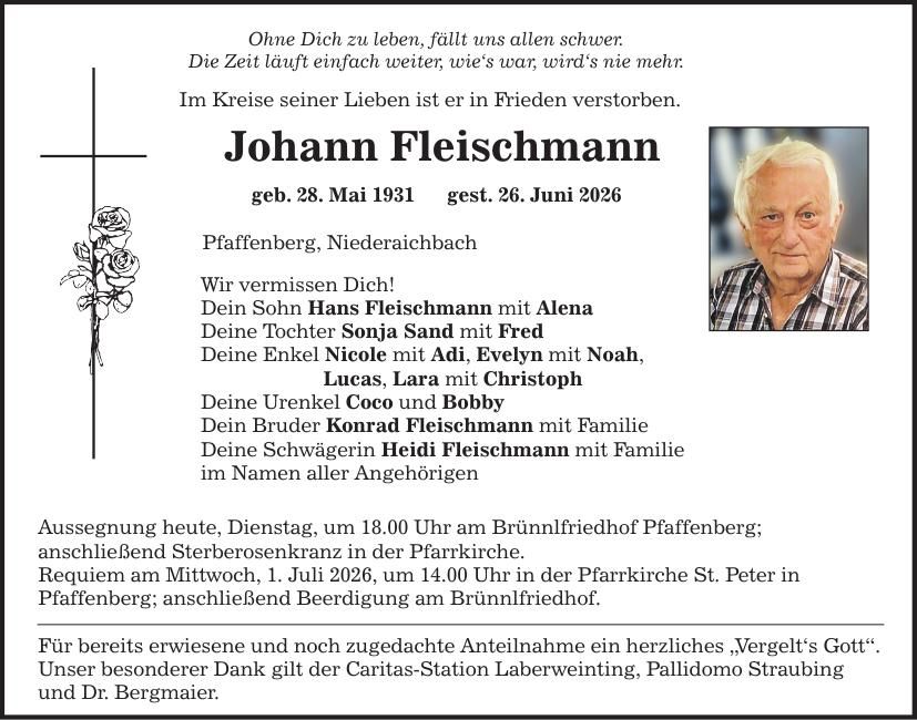Traueranzeige Johann Fleischmann