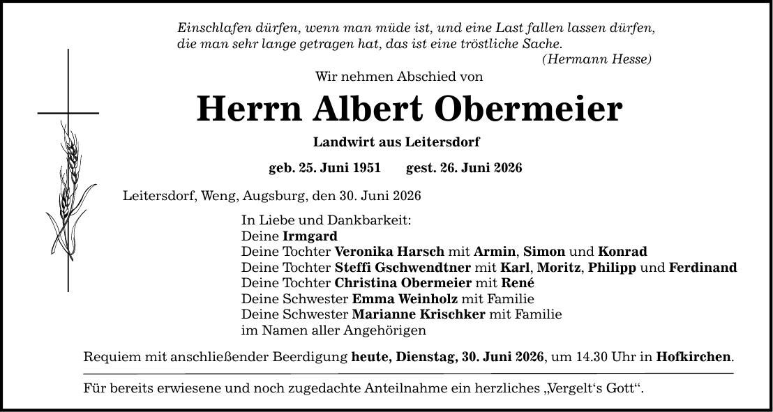 Traueranzeige Albert Obermeier