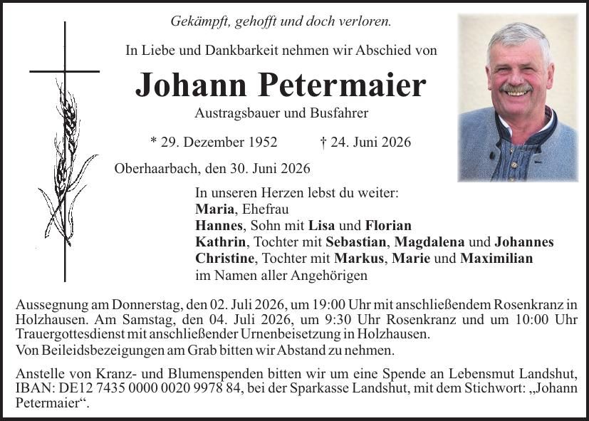 Traueranzeige Johann Petermaier