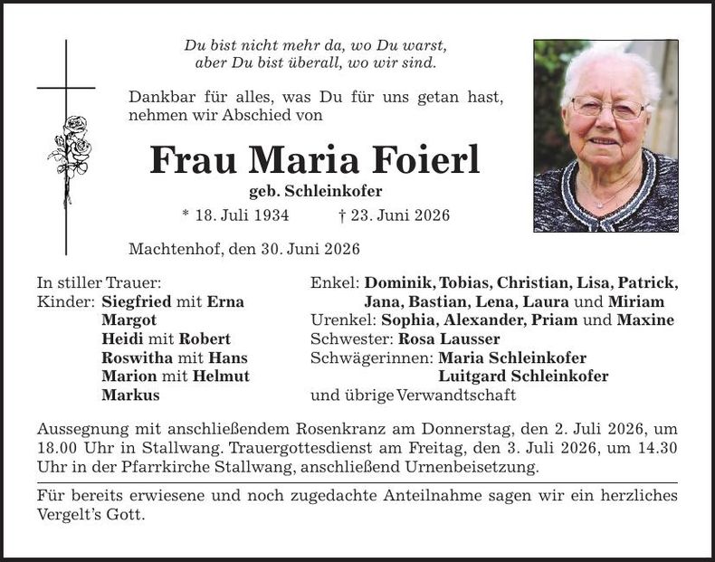Traueranzeige Maria Foierl