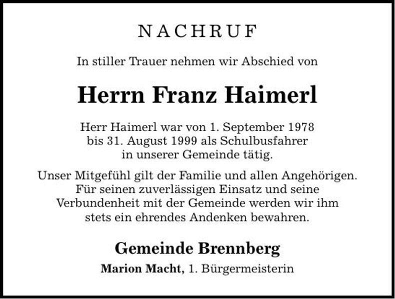 Traueranzeige Franz-Xaver Haimerl