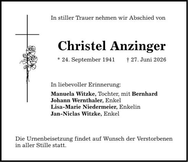 Traueranzeige Christel Anzinger