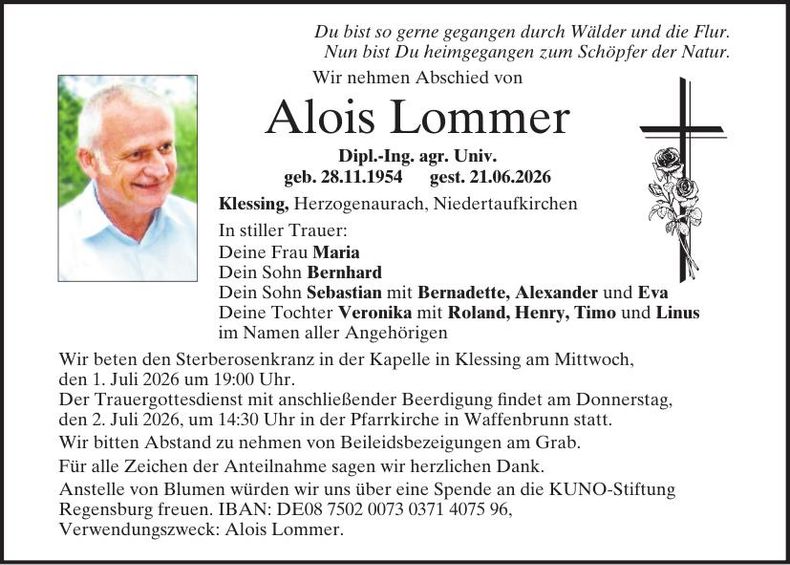Traueranzeige Alois Lommer