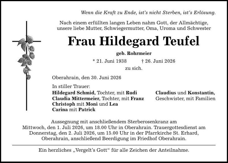 Traueranzeige Hildegard Teufel