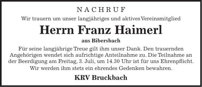 Traueranzeige Franz Haimerl