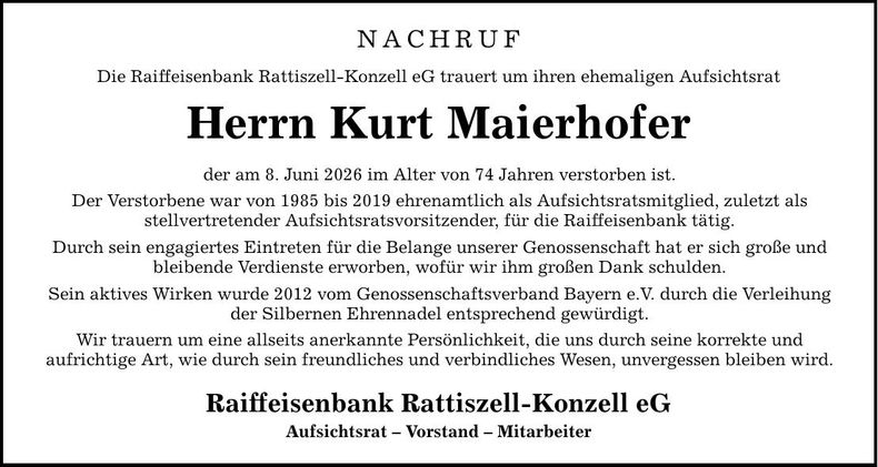 Traueranzeige Kurt Maierhofer