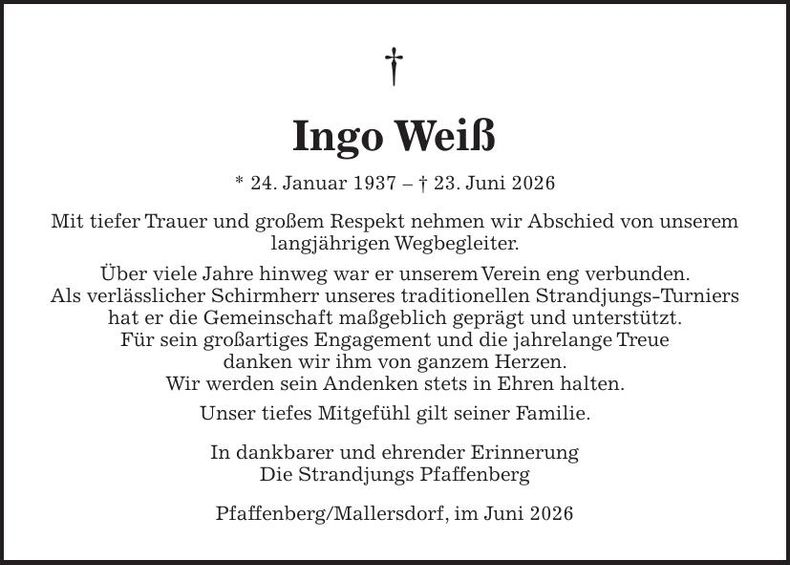 Traueranzeige Ingo Weiß