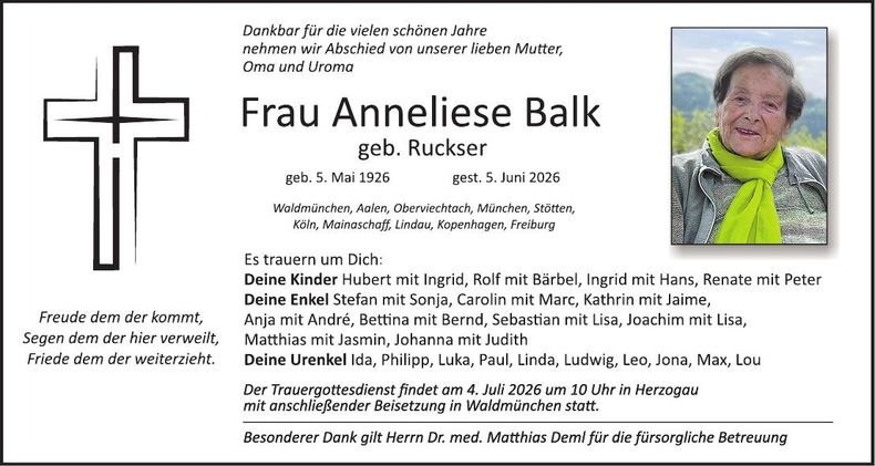 Traueranzeige Anneliese Balk
