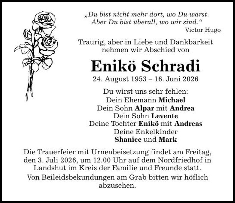 Traueranzeige Enikö Schradi