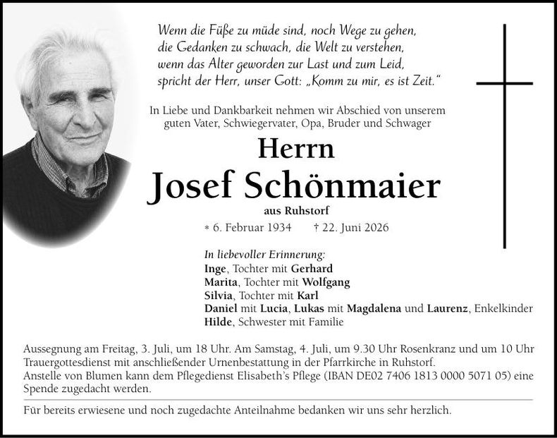 Traueranzeige Josef  Schönmaier