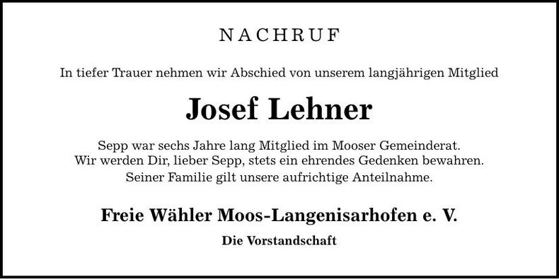 Traueranzeige Josef Lehner