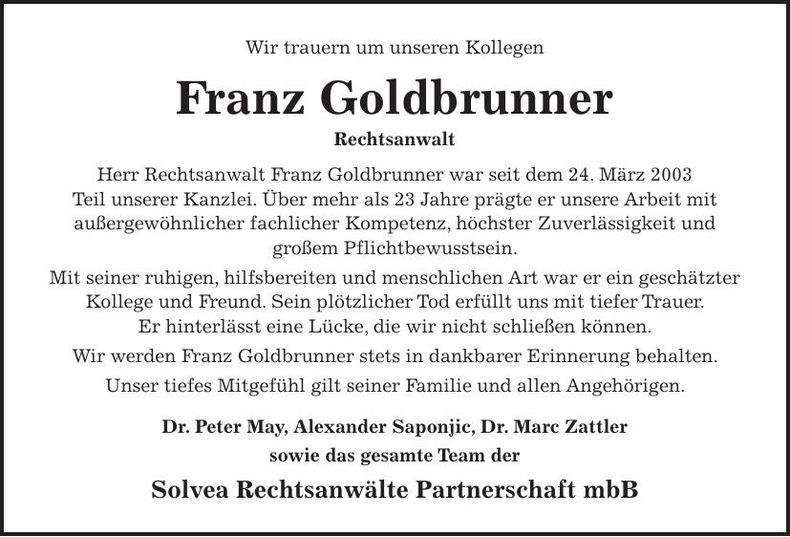 Traueranzeige  Goldbrunner