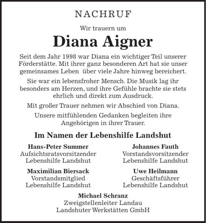 Traueranzeige Diana Aigner