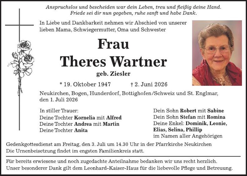 Traueranzeige Theres Wartner