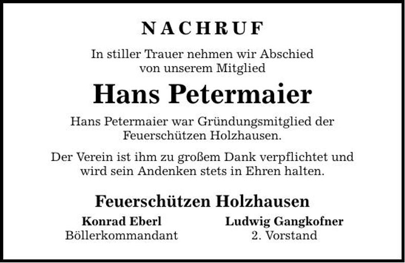 Traueranzeige Johann Petermaier